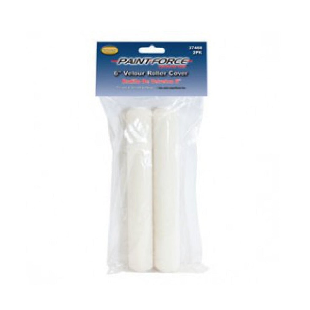 A pack of two PAINT-FORCE 37468 velour roller refills, sized 6 in. x 1/4 in., displayed in sleek clear plastic packaging with a smooth finish on a blue header card, all set against a plain white background.